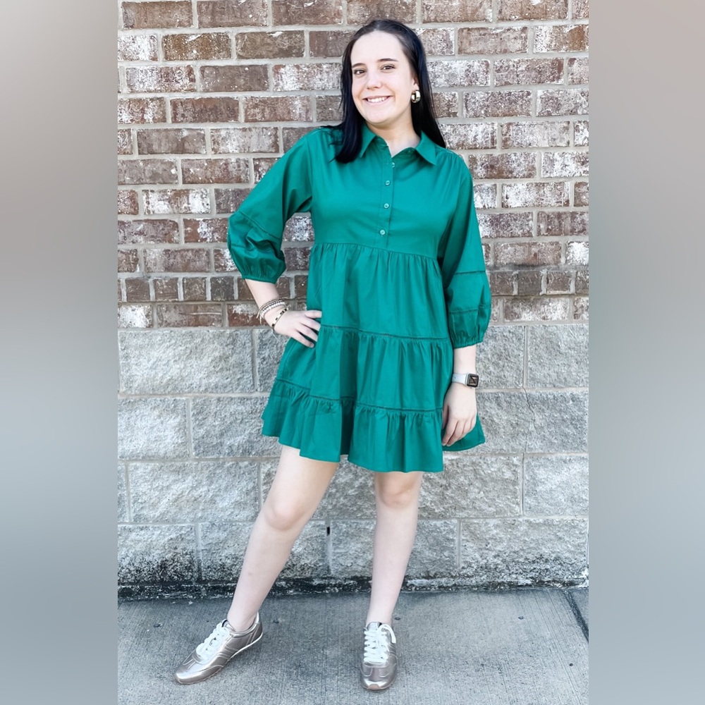 Jodifl Forest Green Tiered Mini Dress with Peasant Sleeves G13494